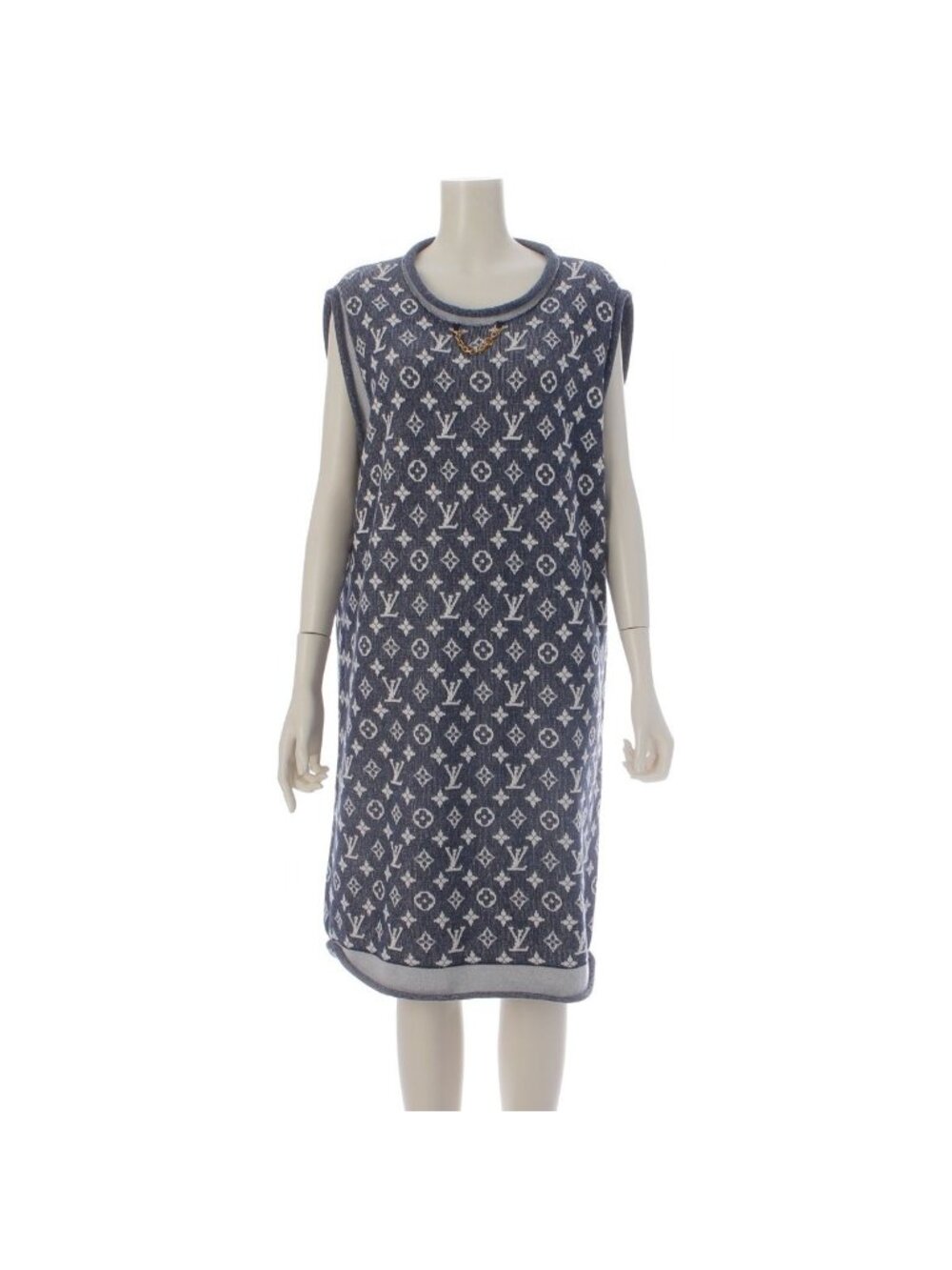Louis Vuitton Wool Cotton Monogram Sleeveless Dress Blue